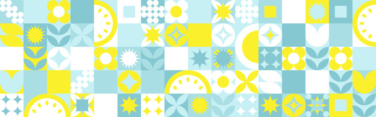 Seamless geometric summer background from flowers ornament, bright textiles and wallpaper. Daisies and bells in yellow and blue sunny shades for packaging goods and gifts.