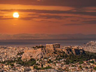 Panoramic view of Athens with Parthenon on the Acropolis and the Saronic sea in the background...