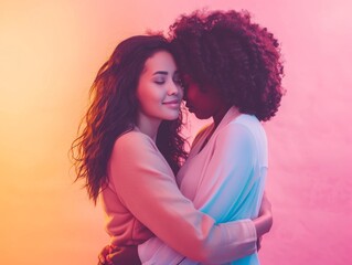 Two women embracing warmly, their love shining brightly against a pastel-colored background, symbolizing acceptance and equality.