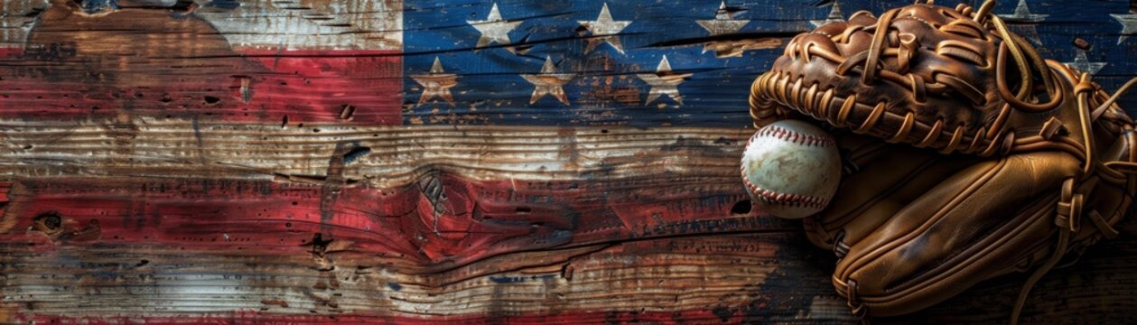 Vintage baseball glove and ball on rustic American flag background, symbolizing America's favorite pastime sport.