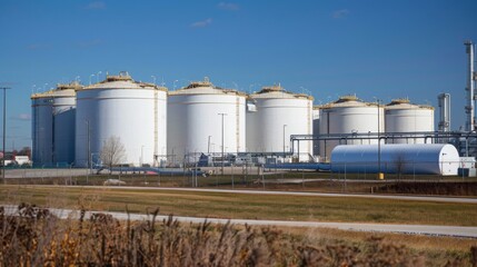 Obraz premium Large cylindrical storage tanks at a chemical facility are situated on clear grassy terrain beneath a blue sky.