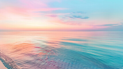 a serene seascape at dawn, with soft pastel colors reflecting off the calm waters