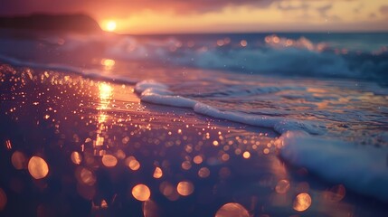 A serene scene of a quiet beach at sunset, with a defocused background of gently glowing particles