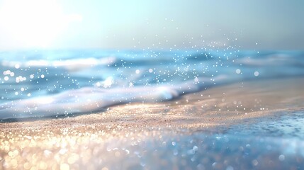 A serene scene of a quiet beach, with a defocused background of gently glowing particles