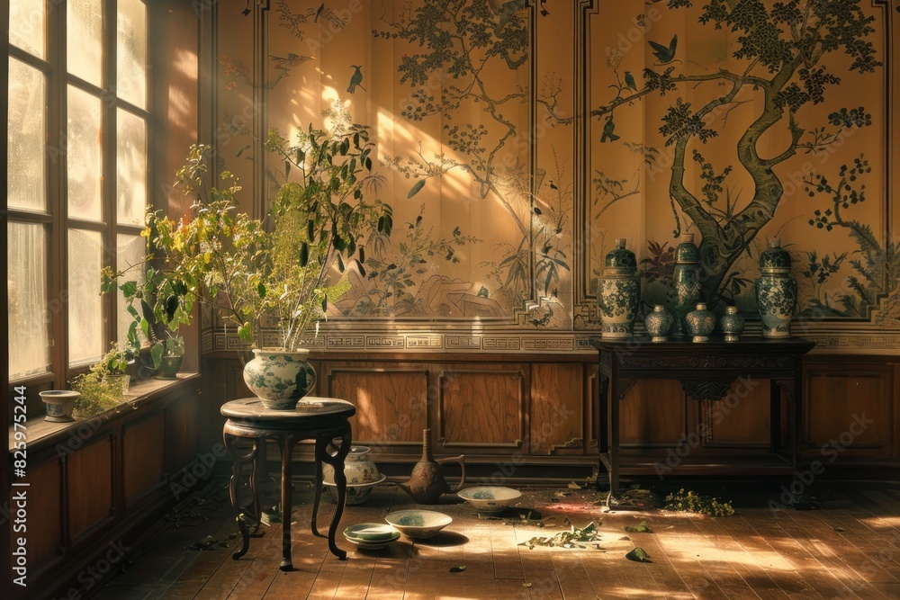 Poster a room with a large window and a wall with a tree and birds