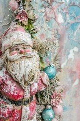 A delightful shabby chic-style close-up of a pink and white Santa Claus figurine surrounded by pink and blue ornaments next to a Christmas tree.
