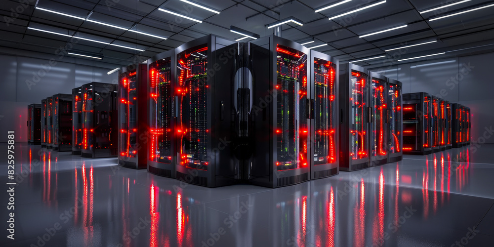 Poster modern high-tech data center with compact server racks and red led lighting, reflective flooring in 