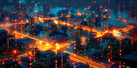 Suburban Smart Community Night Scene: Digital Network Connectivity, IoT Data Transactions Illustrating DX and Connected Smart Homes Concept