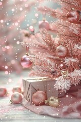 A delightful Christmas scene with a pink tree decorated with ornaments and ribbons against a soft blurred background.