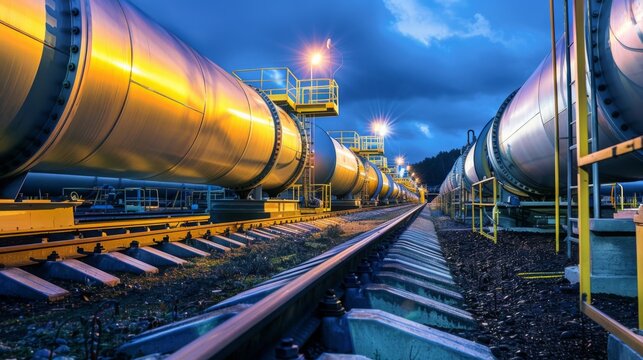 Large industrial pipelines run parallel to railway tracks under twilight, with the illuminated sky and infrastructure providing a striking contrast.