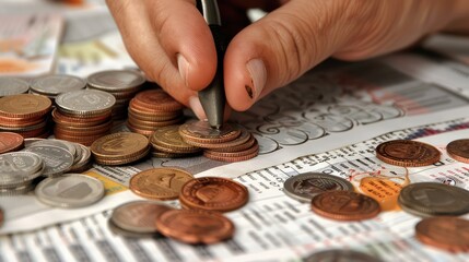 Collecting Coins Macro Photography, Detailed Coin Close-Up, Hand Holding Pen Artistic, Unique Coin Collection, High Definition Photo