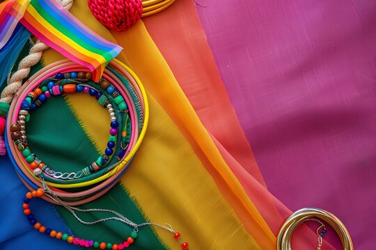 LGBTQ+ pride accessories arranged artistically against a colorful backdrop, representing unity and solidarity within the community.
