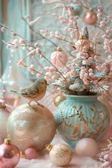 A charming collage-style Christmas scene with holiday decorations, a bird figurine and a flowering branch in a vase. The rose and gold color scheme adds to the magical atmosphere.