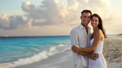 A happy couple in white attire hugs on a pristine tropical beach at sunset, showcasing love and a romantic getaway