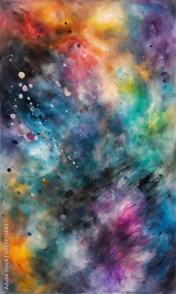 Poster abstract stock image of a colorful watercolor nebula, blending pastel tones with a cosmic theme for 