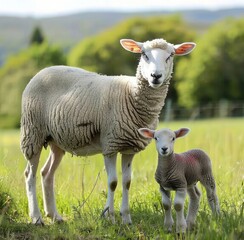Obraz premium Sheep with Lamb in Field, Springtime Pasture Scenery, Farm Animals, Mother and Baby Sheep, Countryside Image, Nature Photography