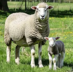 Obraz premium Sheep and Lamb, Pasture Green Field, Rural Farm Animals, Mother and Baby Animal, Woolly Sheep Duo, Peaceful Countryside Scene