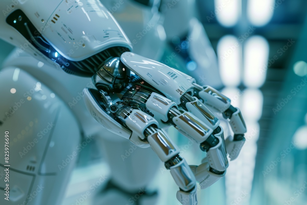 Poster hyper-realistic robotic arm demonstration in a futuristic science lab during daytime