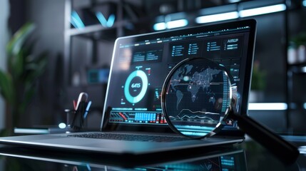 High-Tech Data Analysis on Laptop in Futuristic Office Setting During Evening