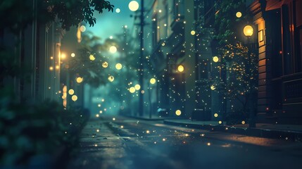 A serene scene of a quiet street at night, with a defocused background of gently glowing particles -