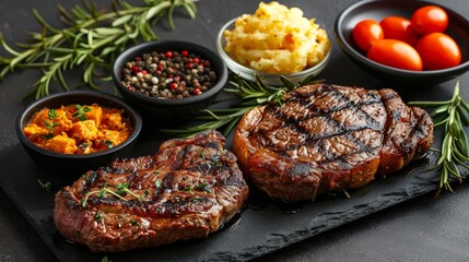 Elegant dinner setting with steak and sides --ar 16:9 --stylize 250 Job ID: 6b5cc112-8525-46b1-8afa-0d2d14a1e1aa
