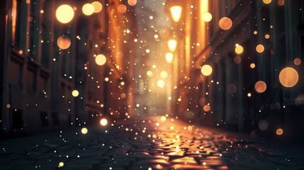 A serene scene of a quiet street at night, with a defocused background of gently glowing particles -