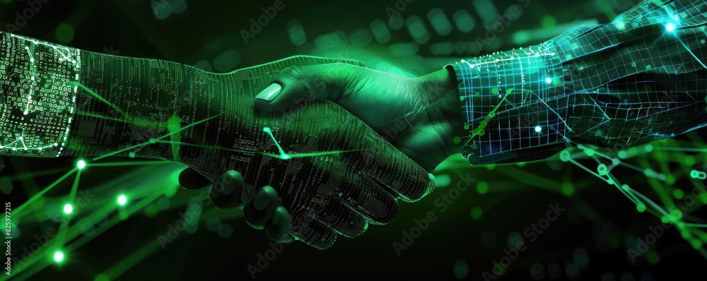 Poster Digital handshake symbolizing technology partnership, collaboration, and connectivity with futuristic networking background.