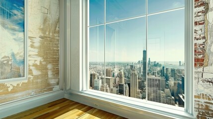 Cityscape view window urban skyline modern room artwork skyscrapers high-rise buildings scenic panorama clear blue sky