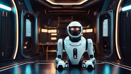 An intricately designed white autonomous robot sitting in a sleek, futuristic spaceship corridor with illuminated panels.. AI Generation