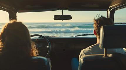 Two people enjoy a scenic drive by the beach on a road trip