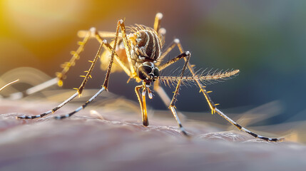 A close-up of a mosquito on human skin