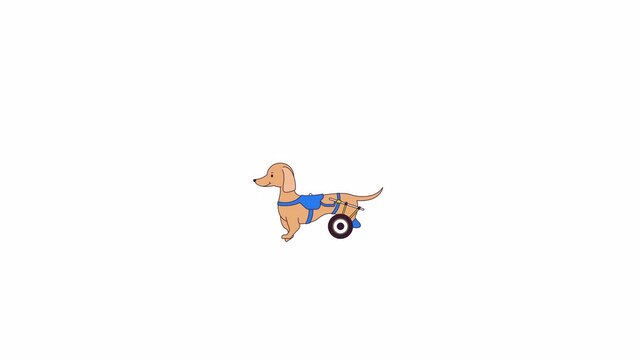 Small paralyzed dog with walking wheels line 2D character animation. Disabled canine pet flat color cartoon 4K video, alpha channel. Puppy with wheelchair animated animal on white background