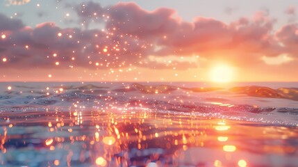 A serene scene of a sunset on the beach, with a defocused background of gently glowing particles -