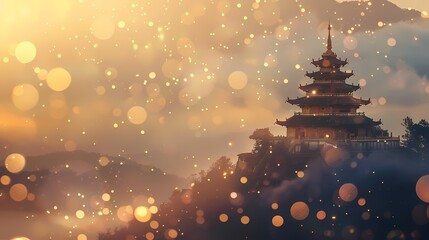 A serene scene of a temple on a hill, with a defocused background of gently glowing particles -
