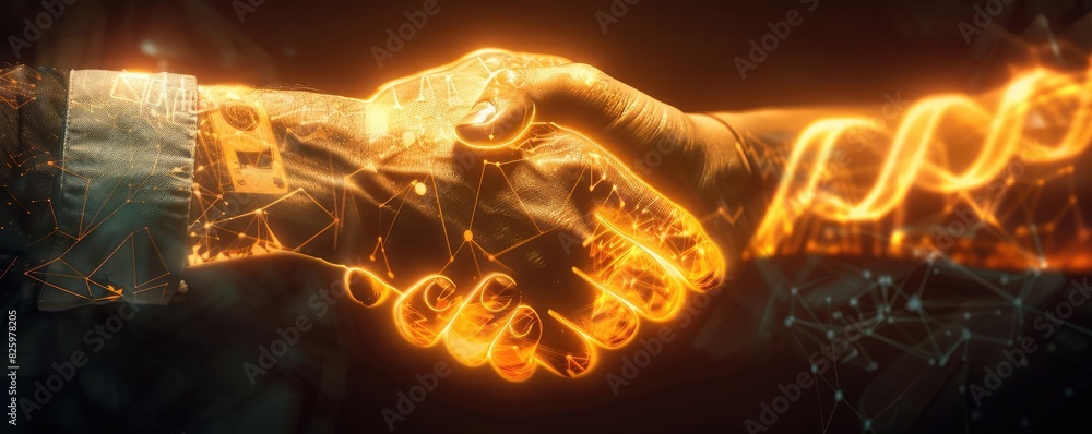 Poster digital handshake concept with futuristic technology interface, depicting collaboration and partners