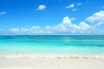 Fototapeta premium Sunlit Beach with Blue Sky and Ocean View
