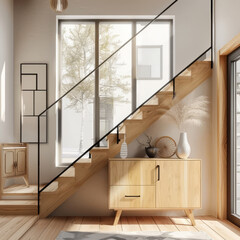Wooden cabinet near window and staircase in Scandinavian interior