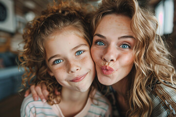 Fototapeta premium A mother and her daughter making silly faces together, duck face, mother-daughter relationship