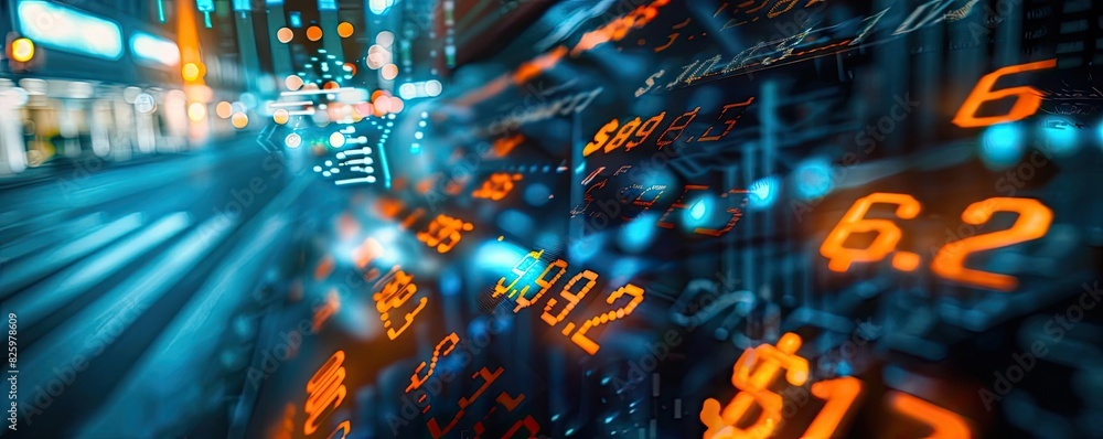 Aufkleber abstract view of financial data on a city street at night, highlighting numbers and graphs with a di