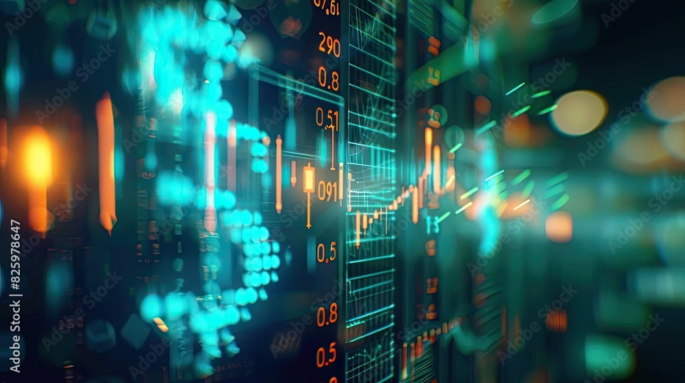 Poster Abstract financial data concept with a dynamic display of stock market information, glowing graphs, and numerical analysis trends.