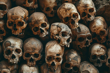 Human skulls piled up, mass grave, death and genocide concept