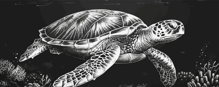 Sea turtle hand drawn engraving style sketch Underwater animals Vector