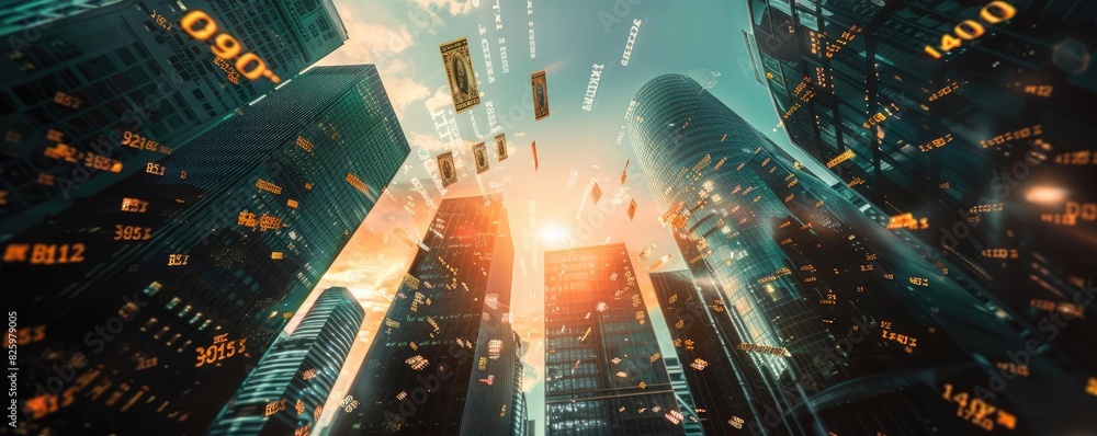 Aufkleber futuristic skyscrapers with digital data flowing between buildings, showcasing innovation and techno