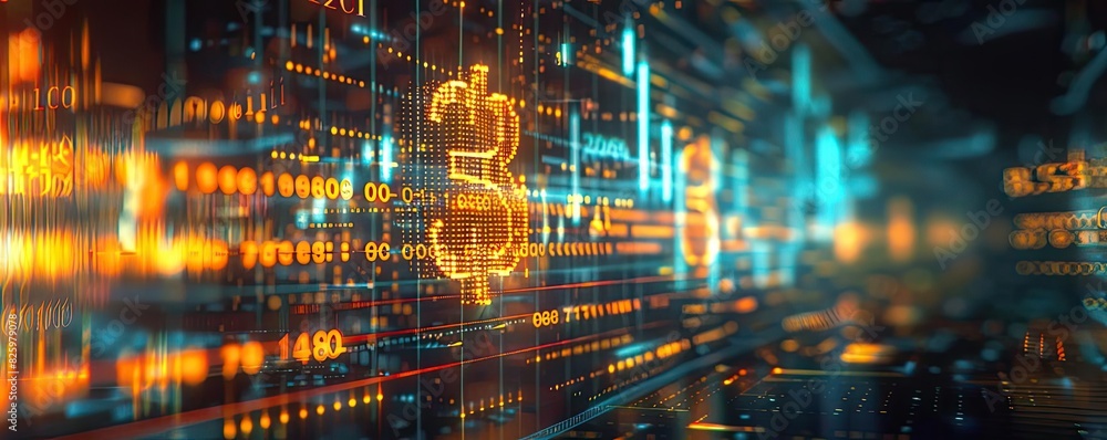 Poster Abstract digital financial background with glowing numbers and data streams, representing modern technology and financial transactions.