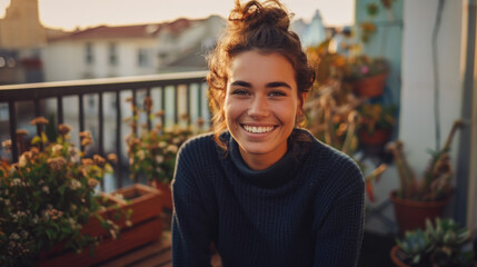 Portrait of a young urban woman enjoying beautiful weather on her balcony letting see panorama of the city