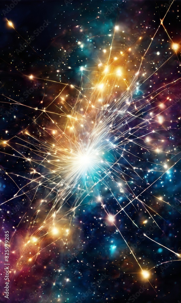 Poster digital artwork of a dazzling stellar explosion, with interconnected lines and dots against a starry