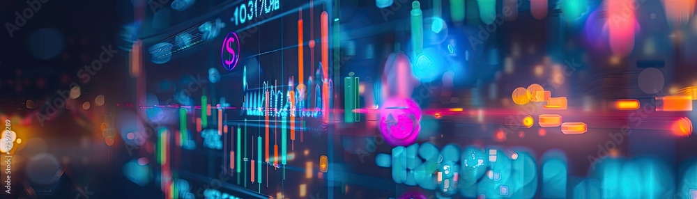 Poster abstract financial data visualization with stock market graphs, charts, and colorful light effects i