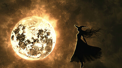 Silhouette of a witch standing against the background of the night sky with a bright moon