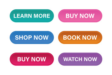 Shop now. Set of button shop now, buy now, book now, learn more or watch now. Modern collection for web site. Online shopping. Vector illustration.