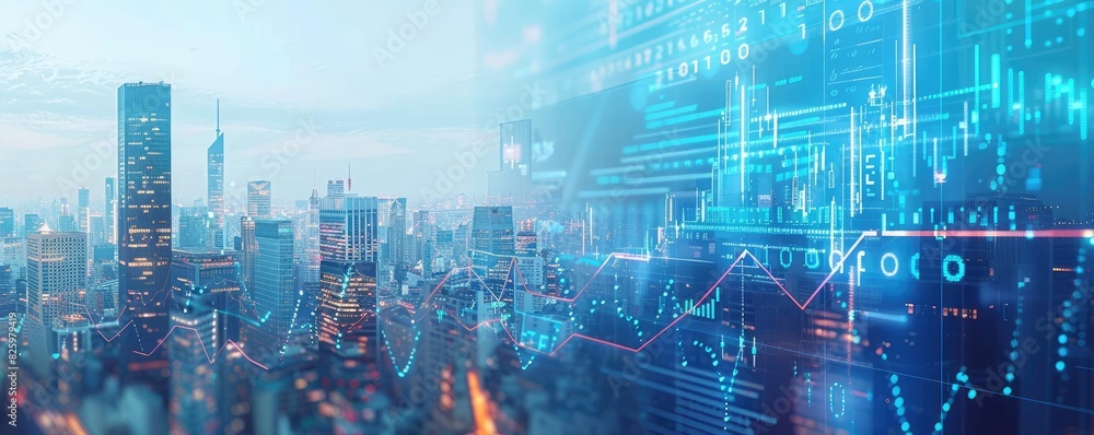 Poster Modern cityscape with overlay of digital graphs and charts, symbolizing technology, data analysis, and urban innovation.